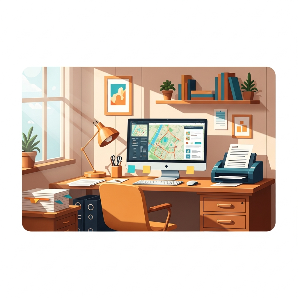 Systek Technology office workspace — desk with map software and document scanner